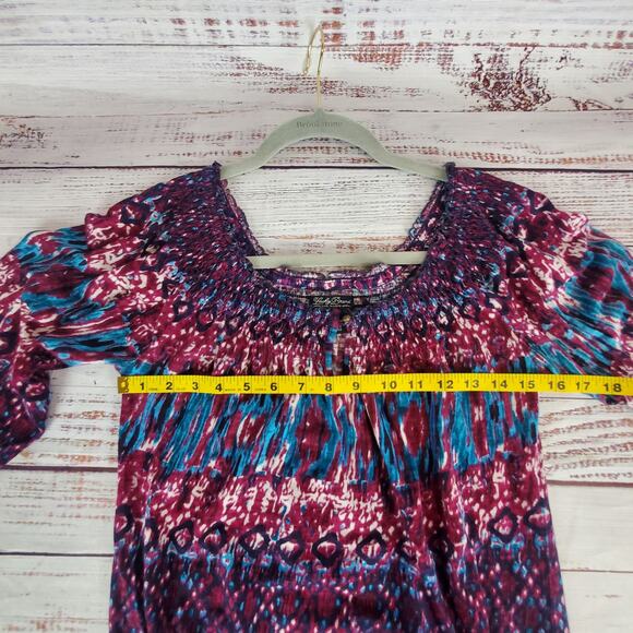 Lucky Brand Peasant Blousy Top Size M Purple Blue Paisley Geo Stretchy Boho 70's - Picture 8 of 10